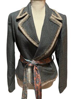 Plenty by Tracy Reese Wool Wrap Blazer Paisley Belt Boho Luxe Statement Jacket